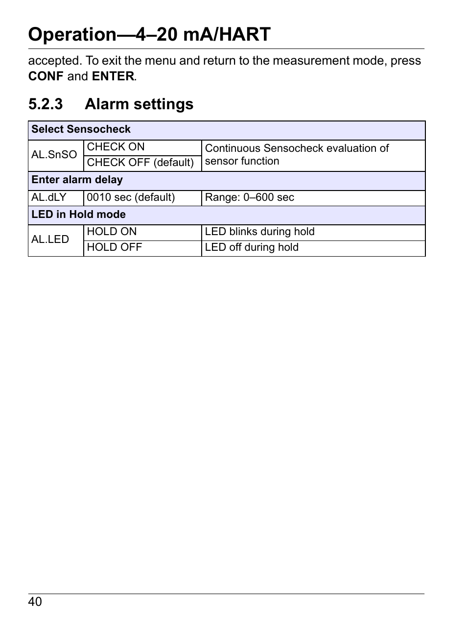 3 alarm settings, Section 5.2.3, Operation—4–20 ma/hart | Hach-Lange SI792 C, SI792x C, SI792x C-FF, SI792x C-PA User Manual User Manual | Page 42 / 104