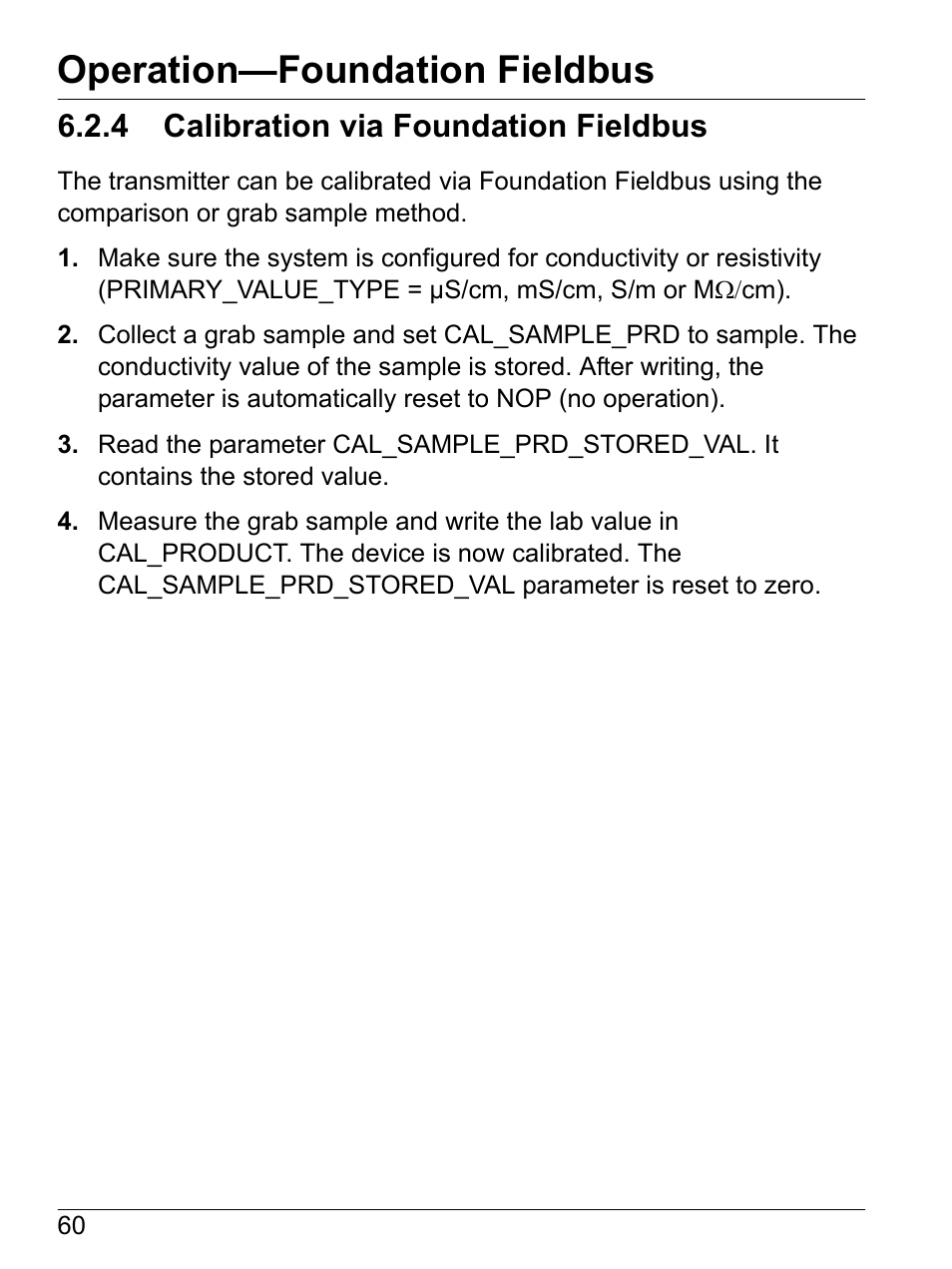 4 calibration via foundation fieldbus, Operation—foundation fieldbus | Hach-Lange SI792 C, SI792x C, SI792x C-FF, SI792x C-PA User Manual User Manual | Page 62 / 104