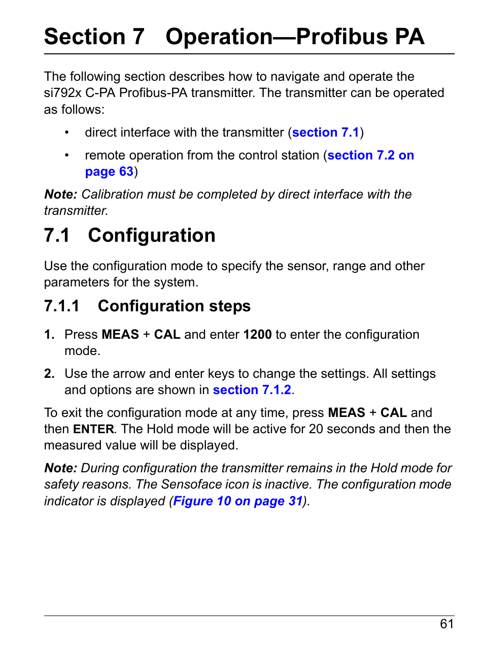 Section 7 operation-profibus pa, 1 configuration, 1 configuration steps | Section 7 operation—profibus pa | Hach-Lange SI792 C, SI792x C, SI792x C-FF, SI792x C-PA User Manual User Manual | Page 63 / 104