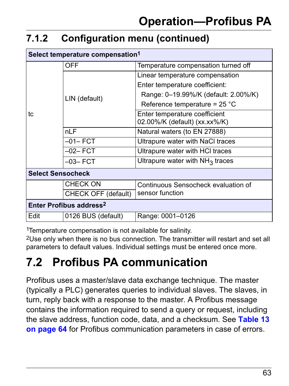 2 profibus pa communication, Section 7.2 on, Operation—profibus pa | 2 configuration menu (continued) | Hach-Lange SI792 C, SI792x C, SI792x C-FF, SI792x C-PA User Manual User Manual | Page 65 / 104