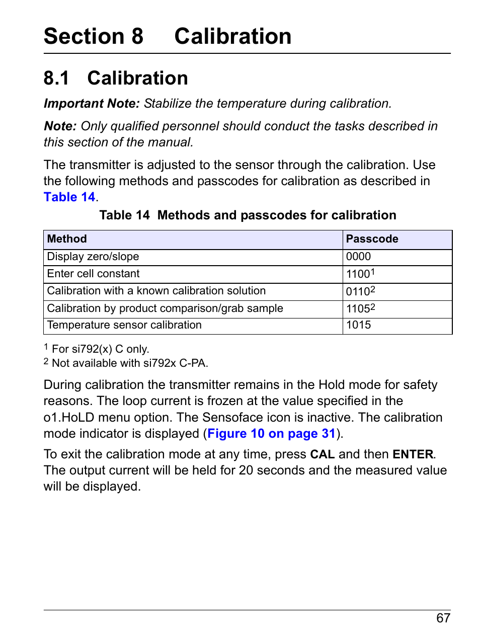 Section 8 calibration, 1 calibration | Hach-Lange SI792 C, SI792x C, SI792x C-FF, SI792x C-PA User Manual User Manual | Page 69 / 104
