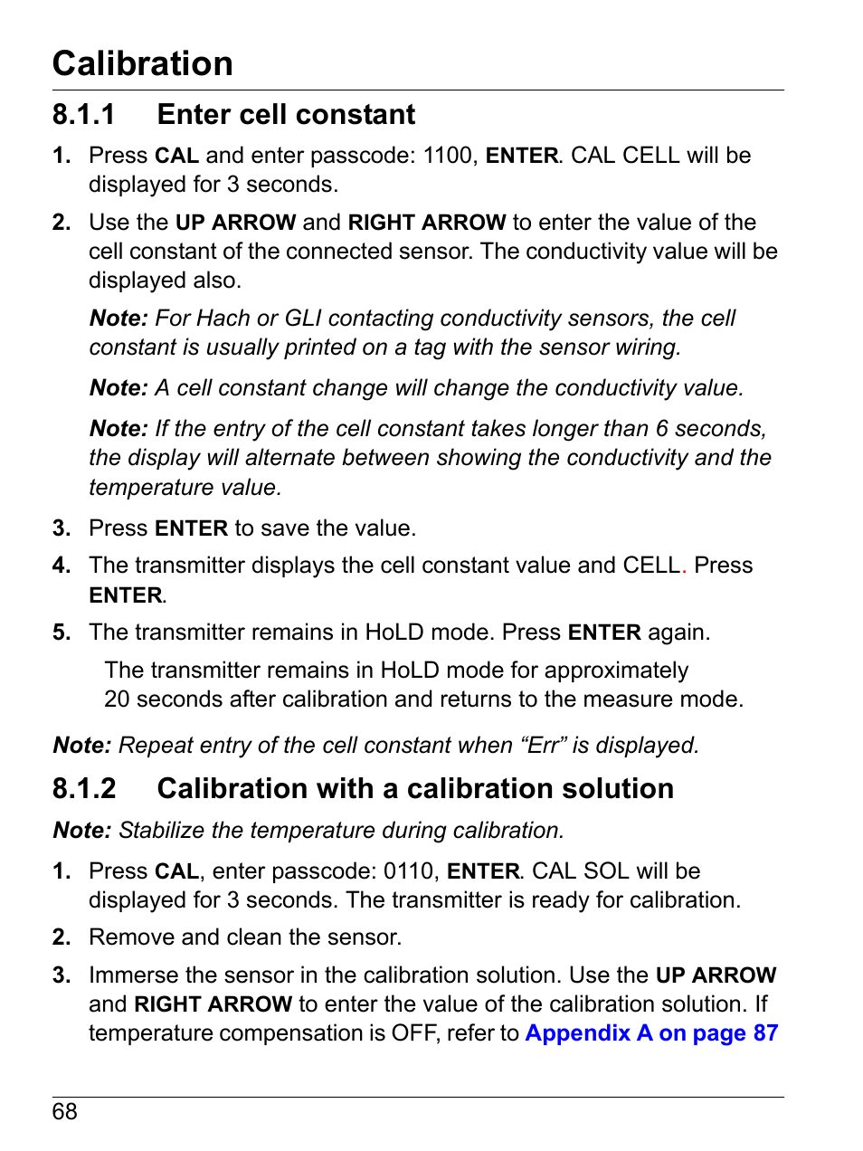 1 enter cell constant, 2 calibration with a calibration solution, Calibration | Hach-Lange SI792 C, SI792x C, SI792x C-FF, SI792x C-PA User Manual User Manual | Page 70 / 104