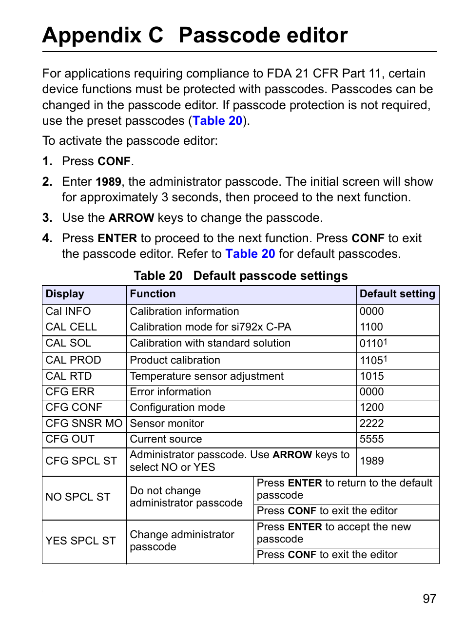 Appendix c passcode editor | Hach-Lange SI792 C, SI792x C, SI792x C-FF, SI792x C-PA User Manual User Manual | Page 99 / 104