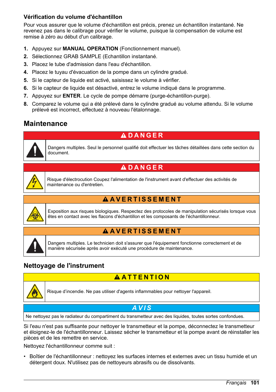 Vérification du volume d'échantillon, Maintenance, Nettoyage de l'instrument | Hach-Lange SD900 Basic User Manual User Manual | Page 101 / 390