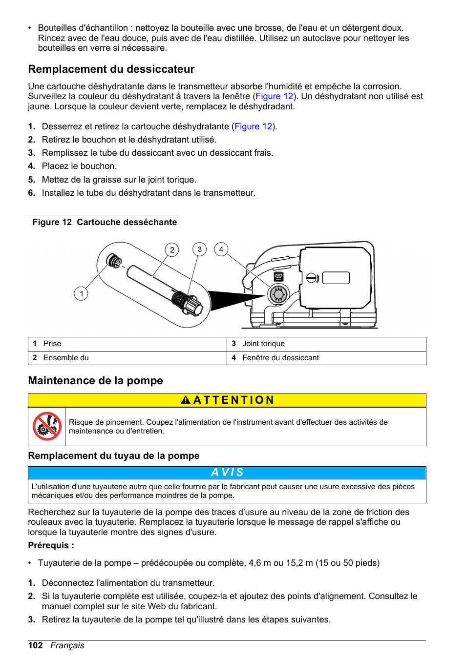 Remplacement du dessiccateur, Maintenance de la pompe, Remplacement du tuyau de la pompe | A v i s | Hach-Lange SD900 Basic User Manual User Manual | Page 102 / 390
