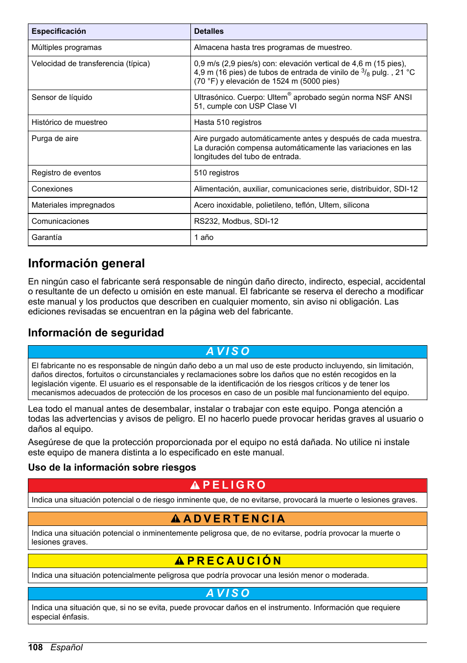 Información general, Información de seguridad, Uso de la información sobre riesgos | Hach-Lange SD900 Basic User Manual User Manual | Page 108 / 390