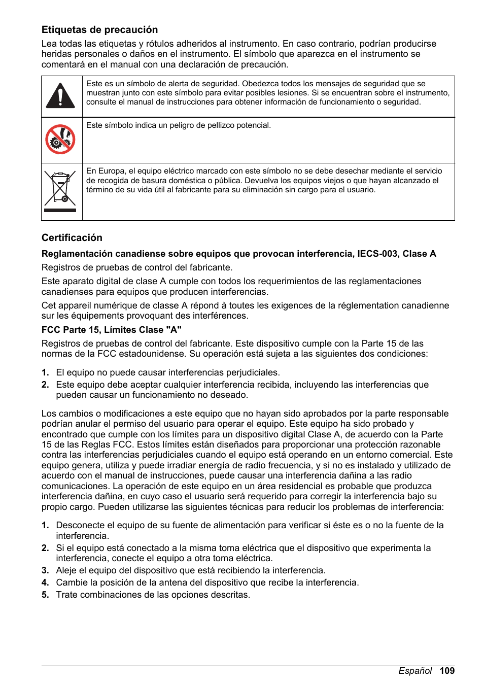 Etiquetas de precaución, Certificación | Hach-Lange SD900 Basic User Manual User Manual | Page 109 / 390