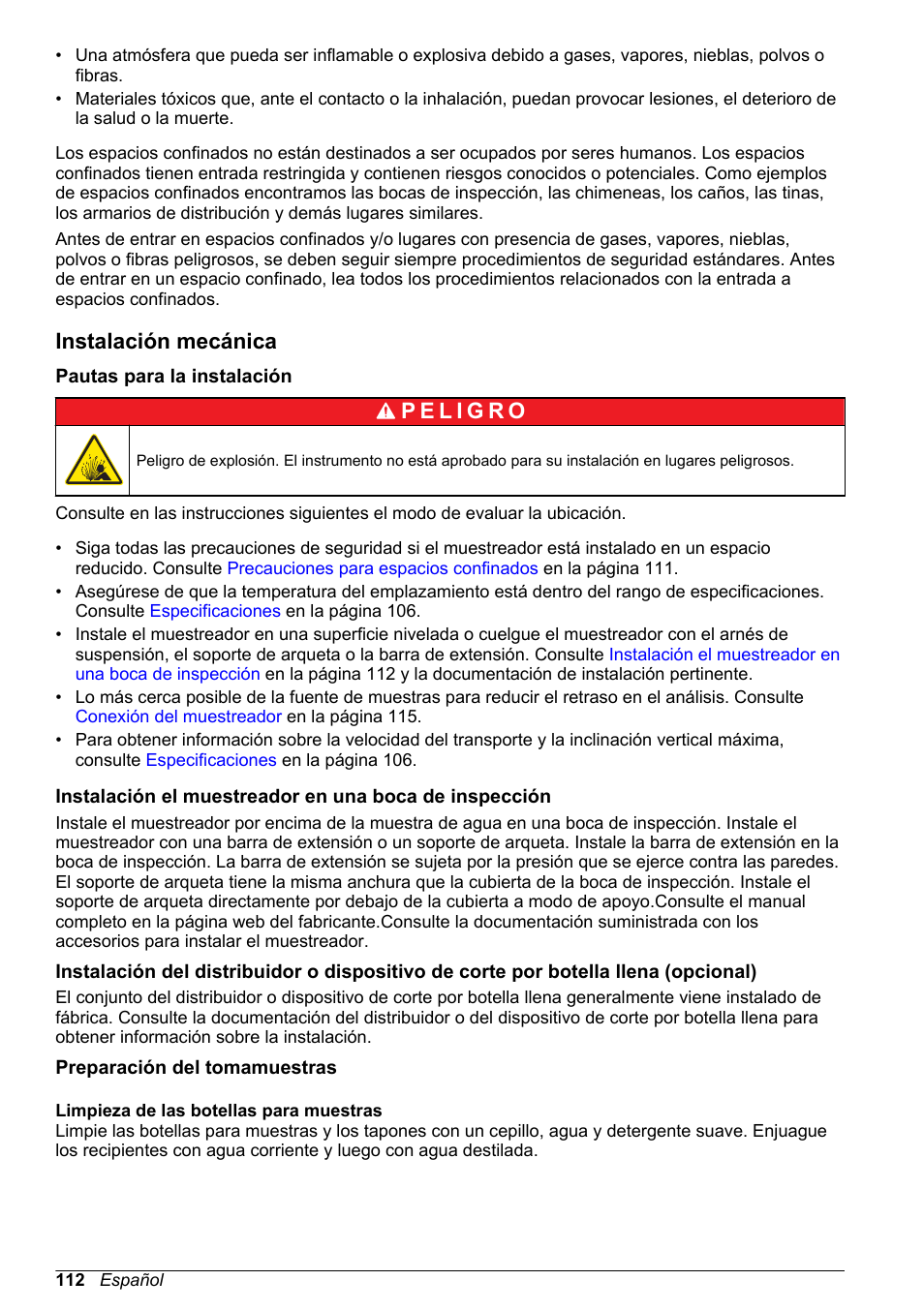 Instalación mecánica, Pautas para la instalación, Preparación del tomamuestras | Limpieza de las botellas para muestras | Hach-Lange SD900 Basic User Manual User Manual | Page 112 / 390