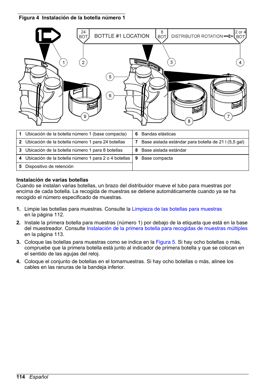 Instalación de varias botellas, Del muestreador, tal como se muestra en la, Figura 4 | Instale la primera botella para muestras | Hach-Lange SD900 Basic User Manual User Manual | Page 114 / 390