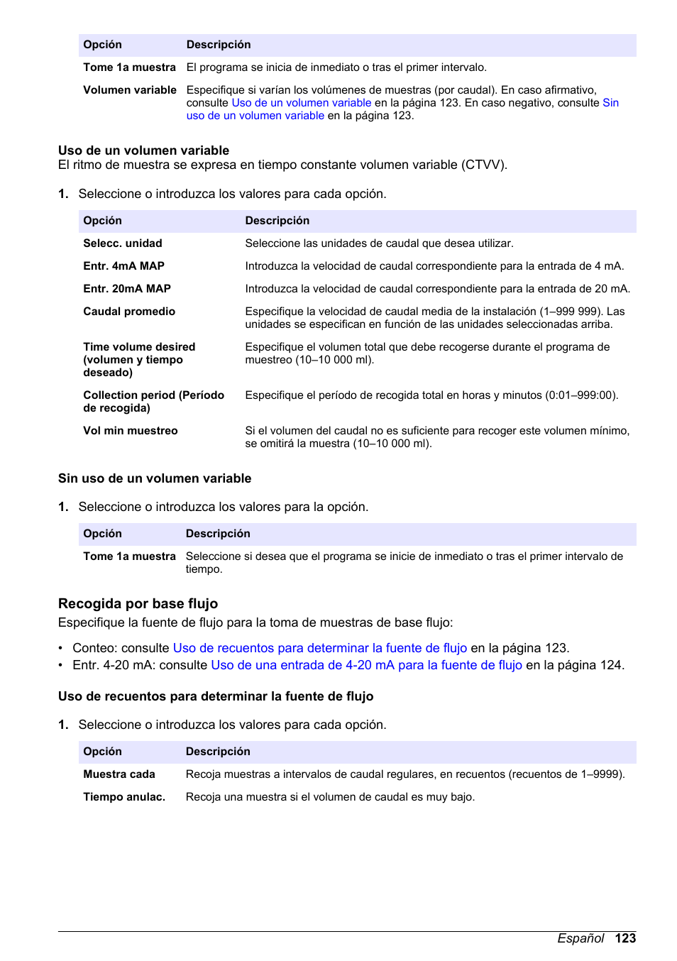 Uso de un volumen variable, Sin uso de un volumen variable, Recogida por base flujo | Hach-Lange SD900 Basic User Manual User Manual | Page 123 / 390