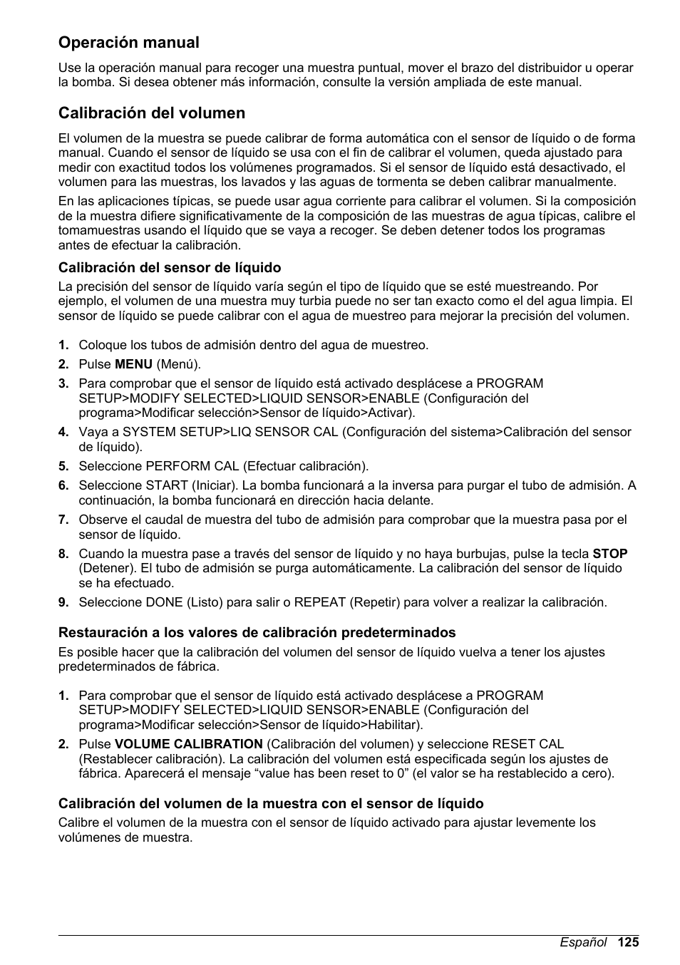 Operación manual, Calibración del volumen, Calibración del sensor de líquido | Hach-Lange SD900 Basic User Manual User Manual | Page 125 / 390