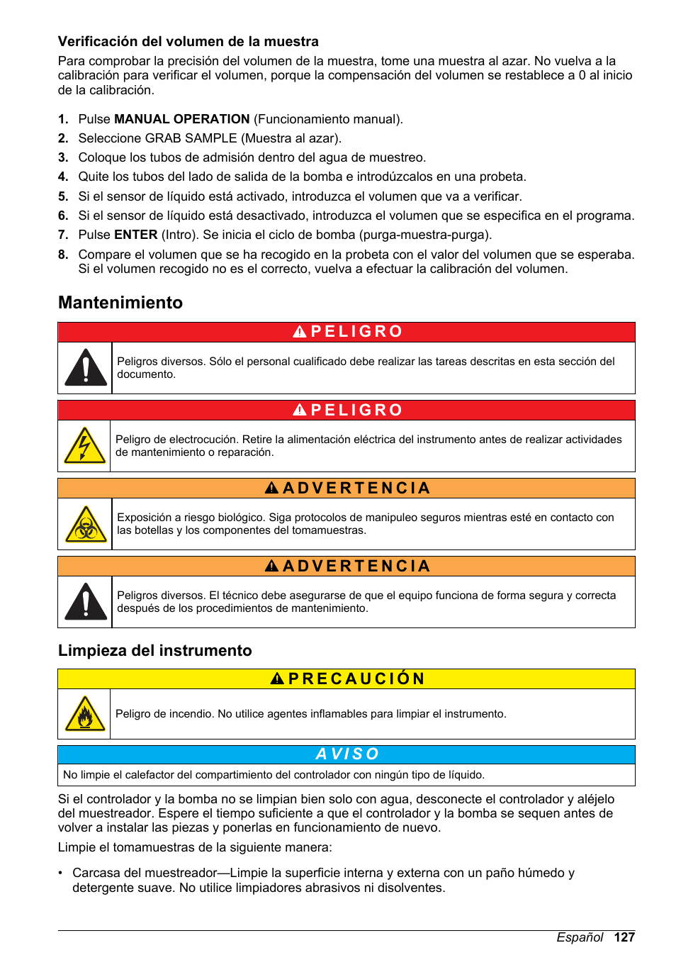 Verificación del volumen de la muestra, Mantenimiento, Limpieza del instrumento | Hach-Lange SD900 Basic User Manual User Manual | Page 127 / 390