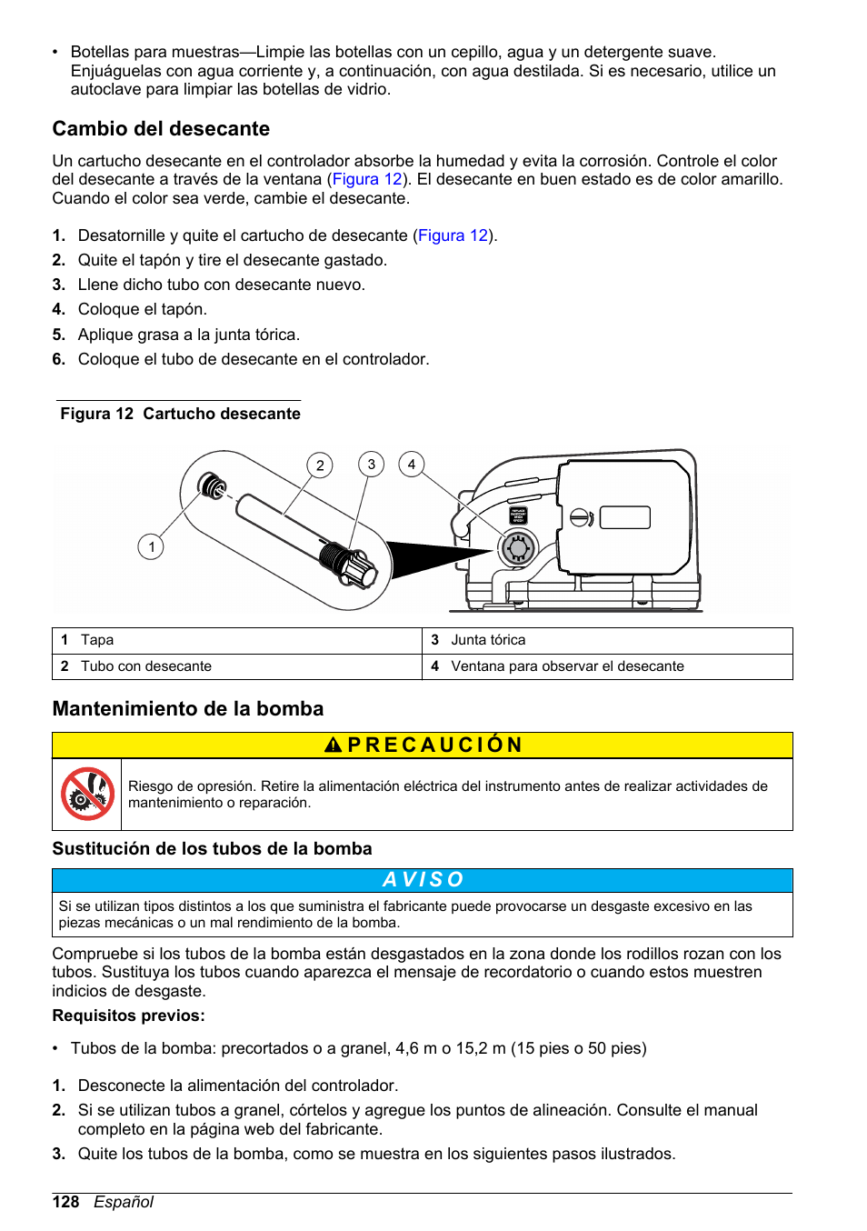 Cambio del desecante, Mantenimiento de la bomba, Sustitución de los tubos de la bomba | Hach-Lange SD900 Basic User Manual User Manual | Page 128 / 390