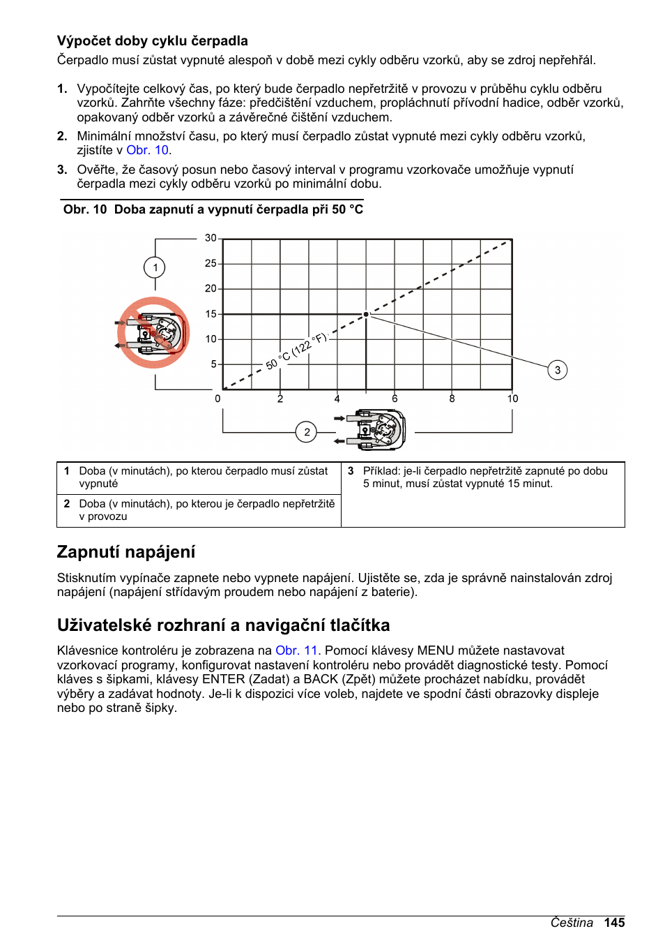 Výpočet doby cyklu čerpadla, Zapnutí napájení, Uživatelské rozhraní a navigační tlačítka | Hach-Lange SD900 Basic User Manual User Manual | Page 145 / 390