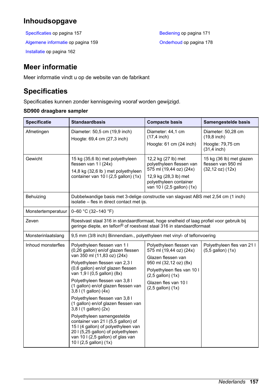 Basisgebruikershandleiding, Inhoudsopgave, Meer informatie | Specificaties, Nederlands | Hach-Lange SD900 Basic User Manual User Manual | Page 157 / 390