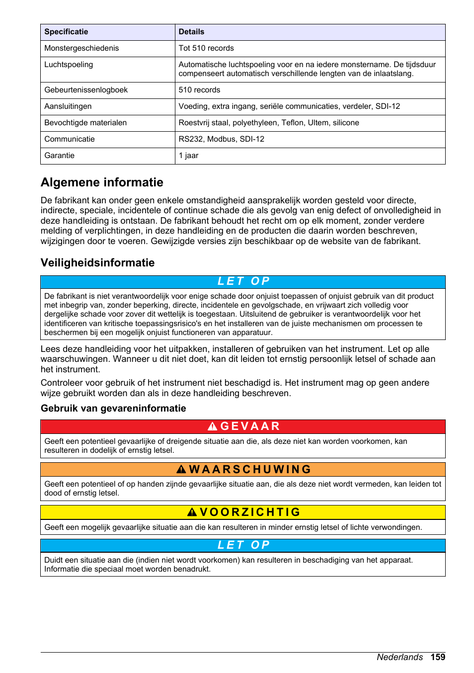 Algemene informatie, Veiligheidsinformatie, Gebruik van gevareninformatie | Hach-Lange SD900 Basic User Manual User Manual | Page 159 / 390