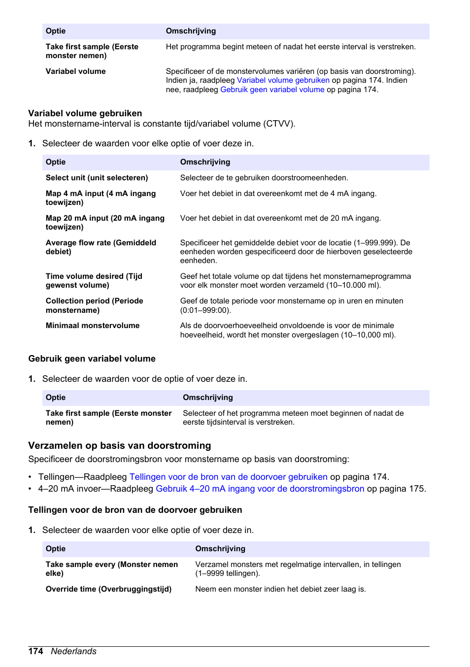 Variabel volume gebruiken, Gebruik geen variabel volume, Verzamelen op basis van doorstroming | Tellingen voor de bron van de doorvoer gebruiken, Op basis van debiet—raadpleeg | Hach-Lange SD900 Basic User Manual User Manual | Page 174 / 390