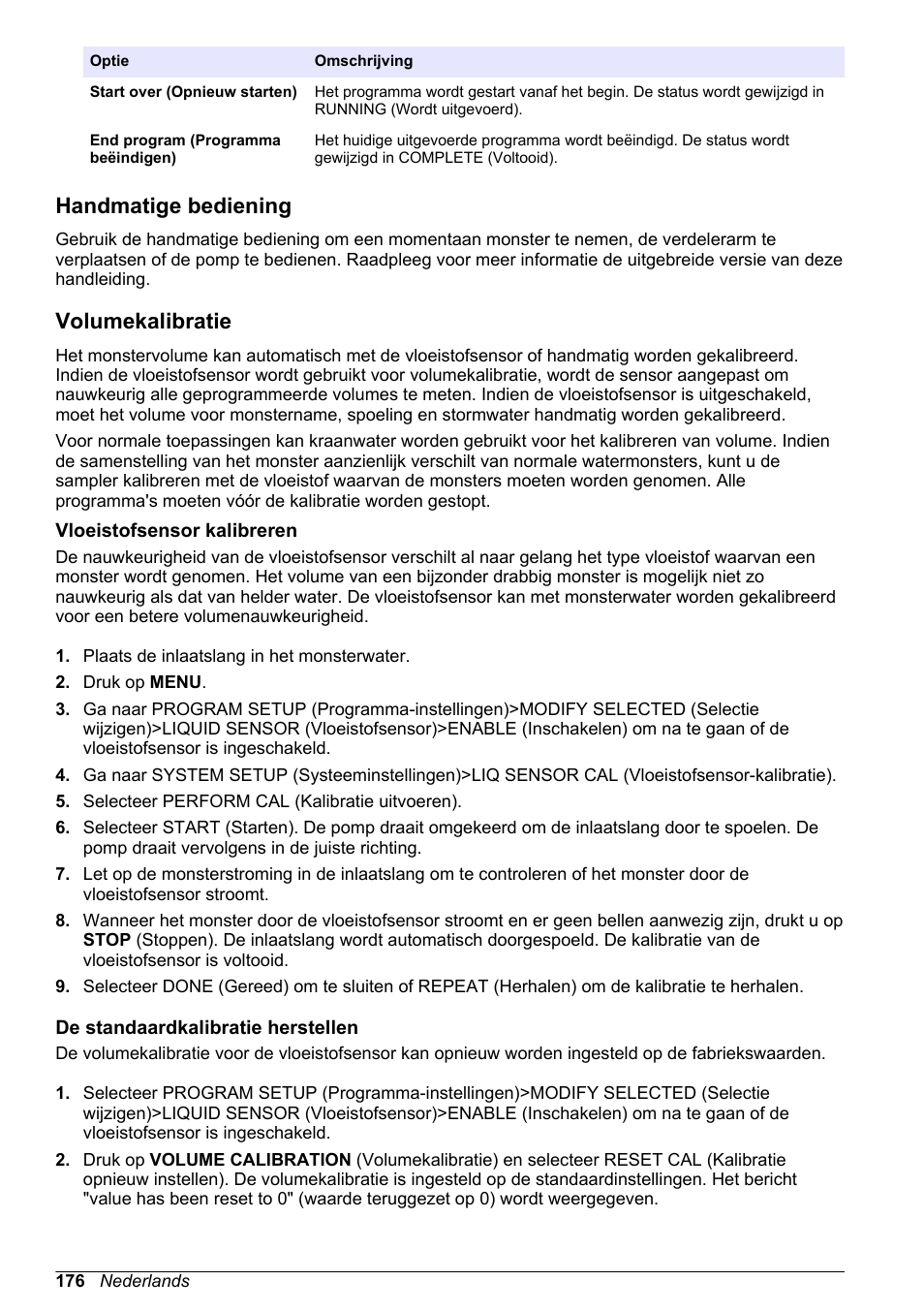 Handmatige bediening, Volumekalibratie, Vloeistofsensor kalibreren | De standaardkalibratie herstellen | Hach-Lange SD900 Basic User Manual User Manual | Page 176 / 390