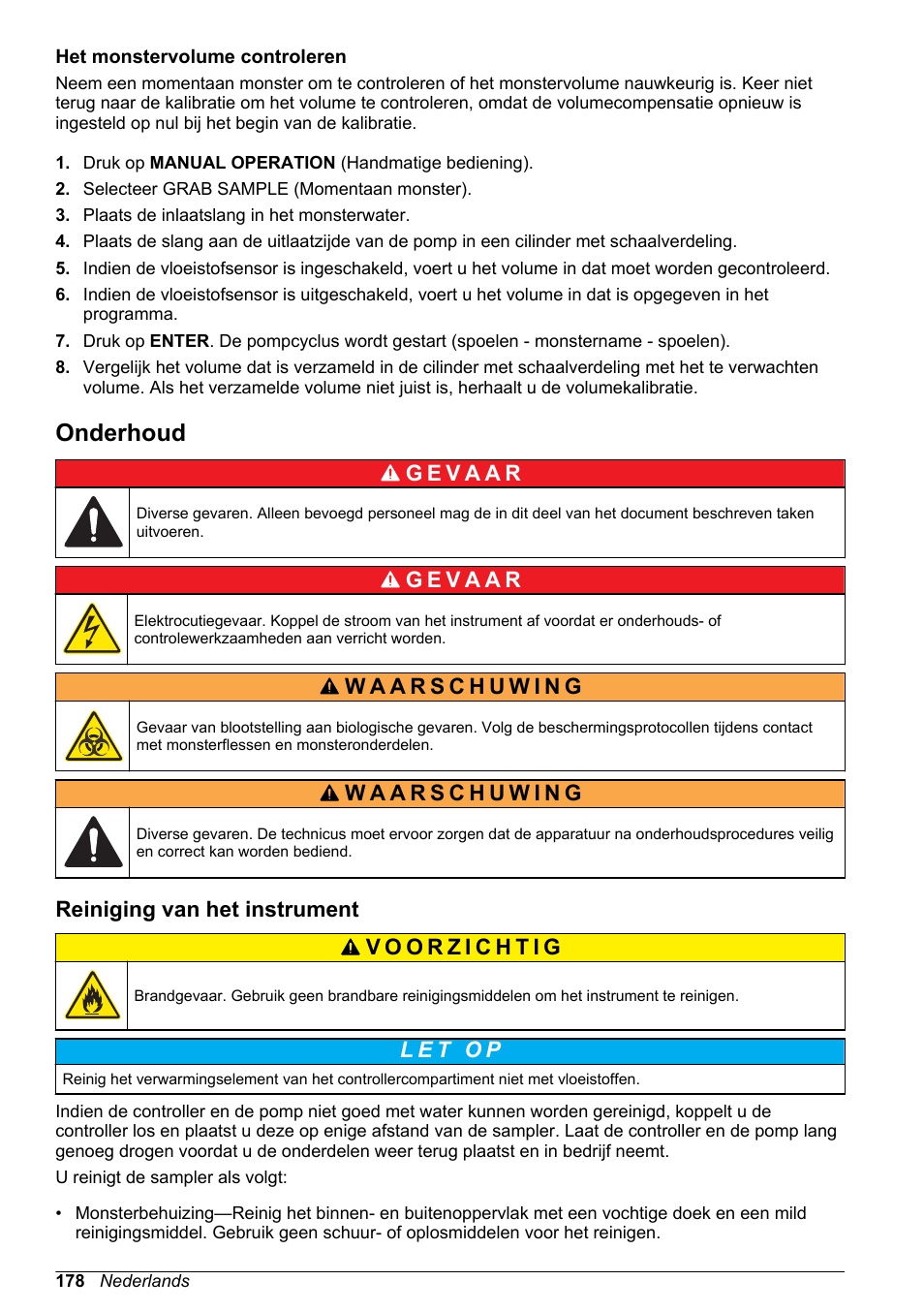 Het monstervolume controleren, Onderhoud, Reiniging van het instrument | Hach-Lange SD900 Basic User Manual User Manual | Page 178 / 390