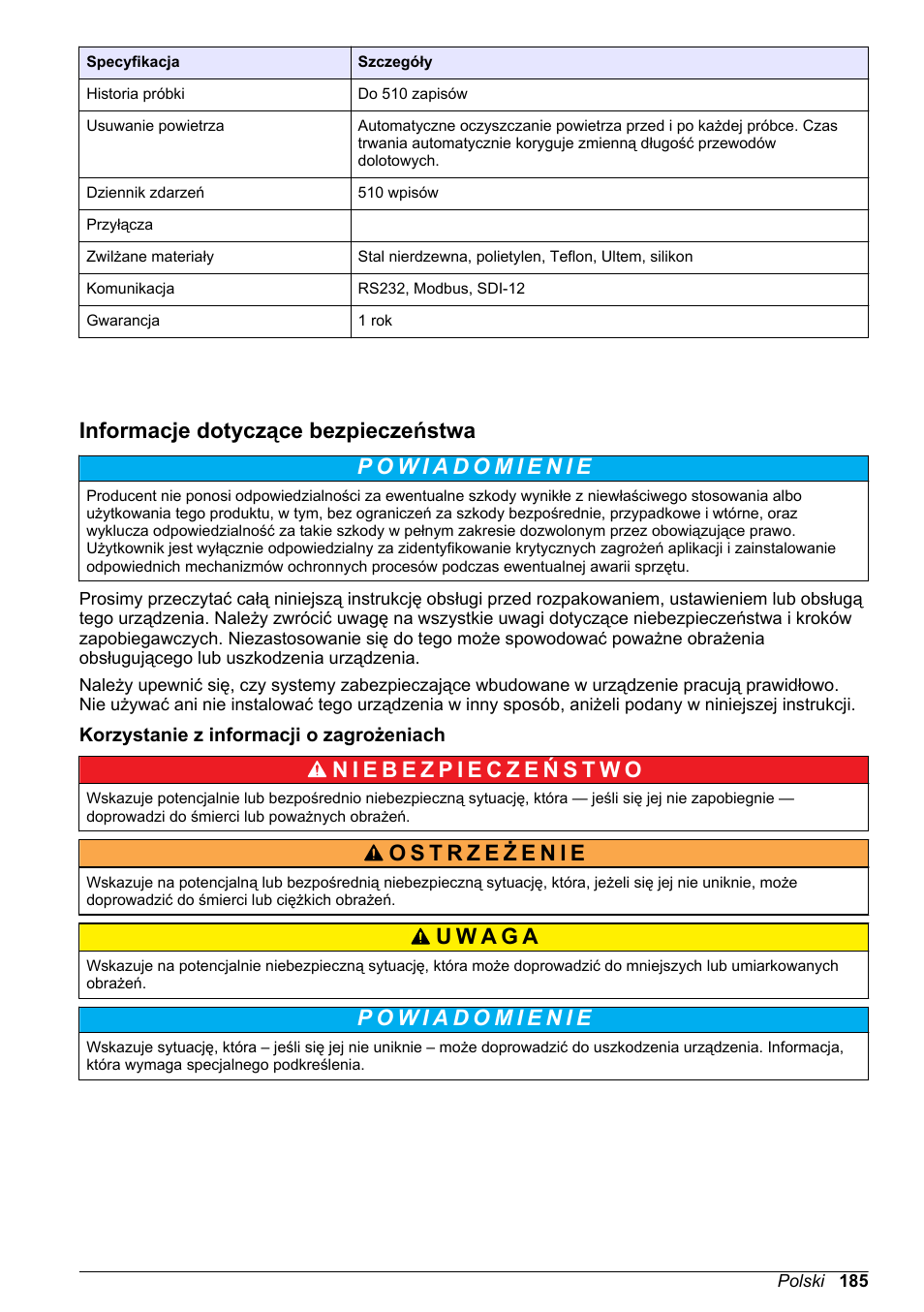 Informacje dotyczące bezpieczeństwa, Korzystanie z informacji o zagrożeniach | Hach-Lange SD900 Basic User Manual User Manual | Page 185 / 390