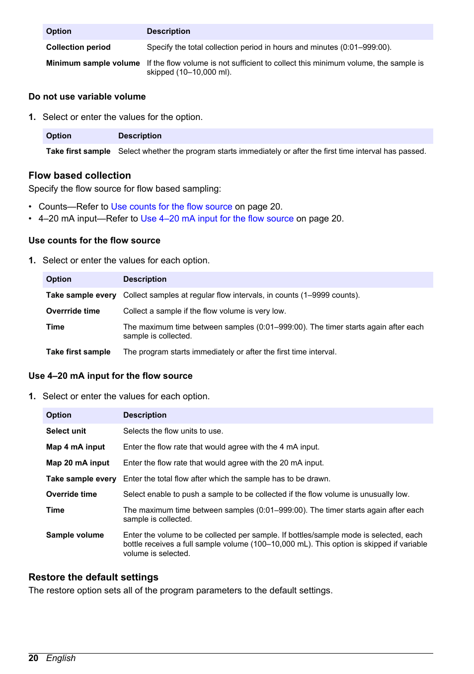 Do not use variable volume, Flow based collection, Use counts for the flow source | Use 4‍–‍20 ma input for the flow source, Restore the default settings, Flow based—refer to, If no, refer to | Hach-Lange SD900 Basic User Manual User Manual | Page 20 / 390