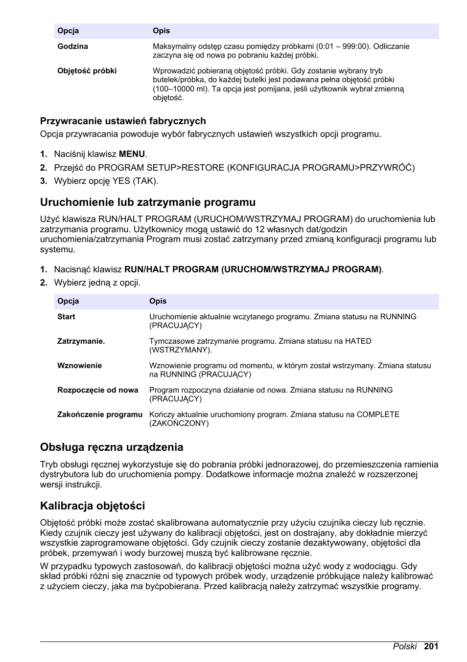 Przywracanie ustawień fabrycznych, Uruchomienie lub zatrzymanie programu, Obsługa ręczna urządzenia | Kalibracja objętości | Hach-Lange SD900 Basic User Manual User Manual | Page 201 / 390