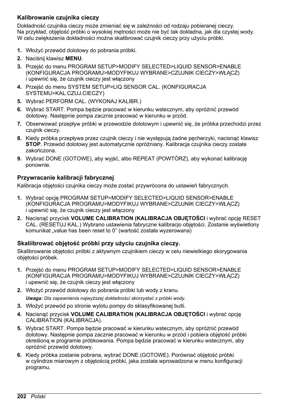 Kalibrowanie czujnika cieczy, Przywracanie kalibracji fabrycznej | Hach-Lange SD900 Basic User Manual User Manual | Page 202 / 390