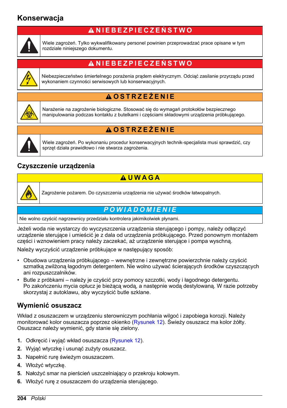 Konserwacja, Czyszczenie urządzenia, Wymienić osuszacz | Na stronie 204 | Hach-Lange SD900 Basic User Manual User Manual | Page 204 / 390