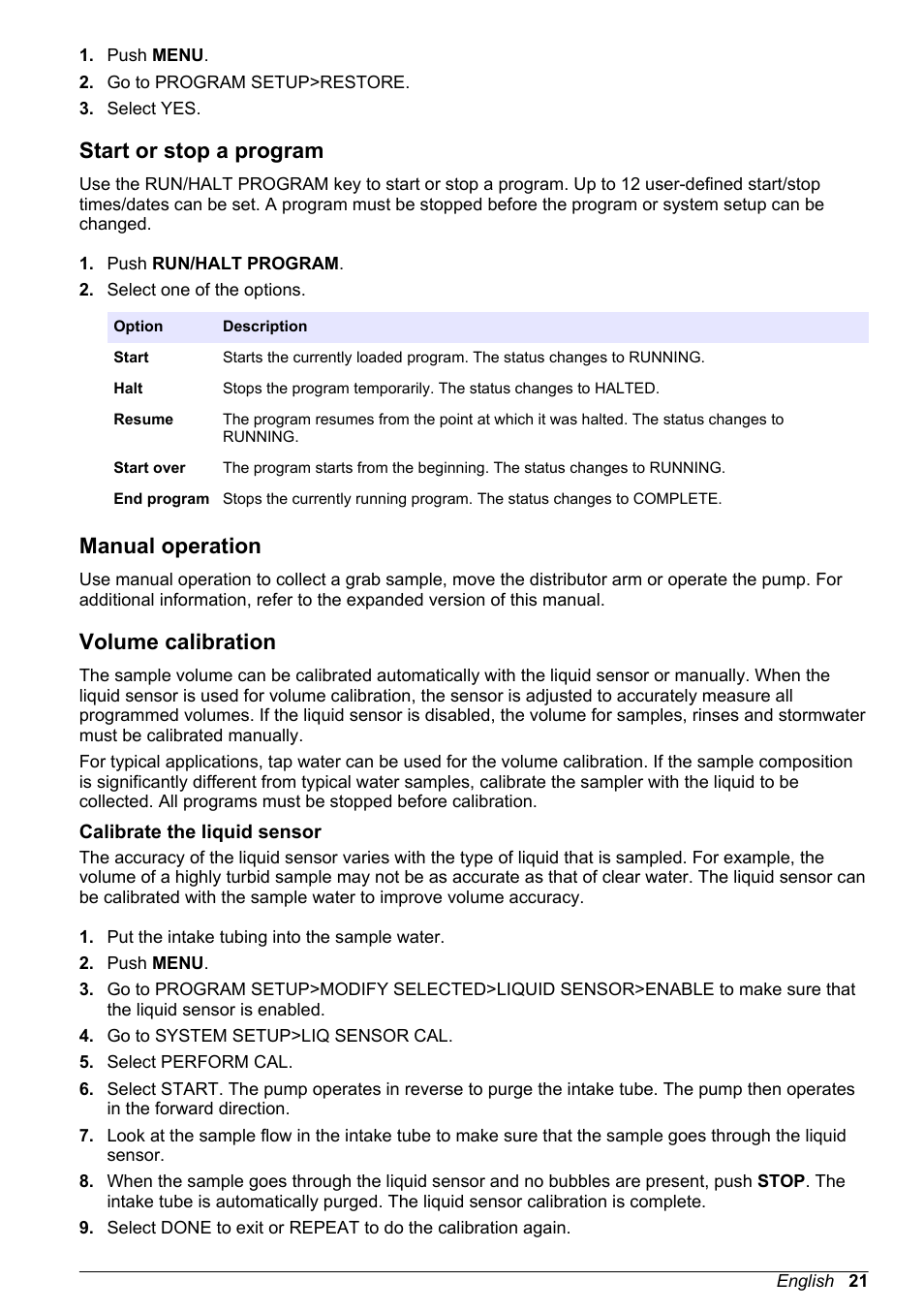 Start or stop a program, Manual operation, Volume calibration | Calibrate the liquid sensor | Hach-Lange SD900 Basic User Manual User Manual | Page 21 / 390