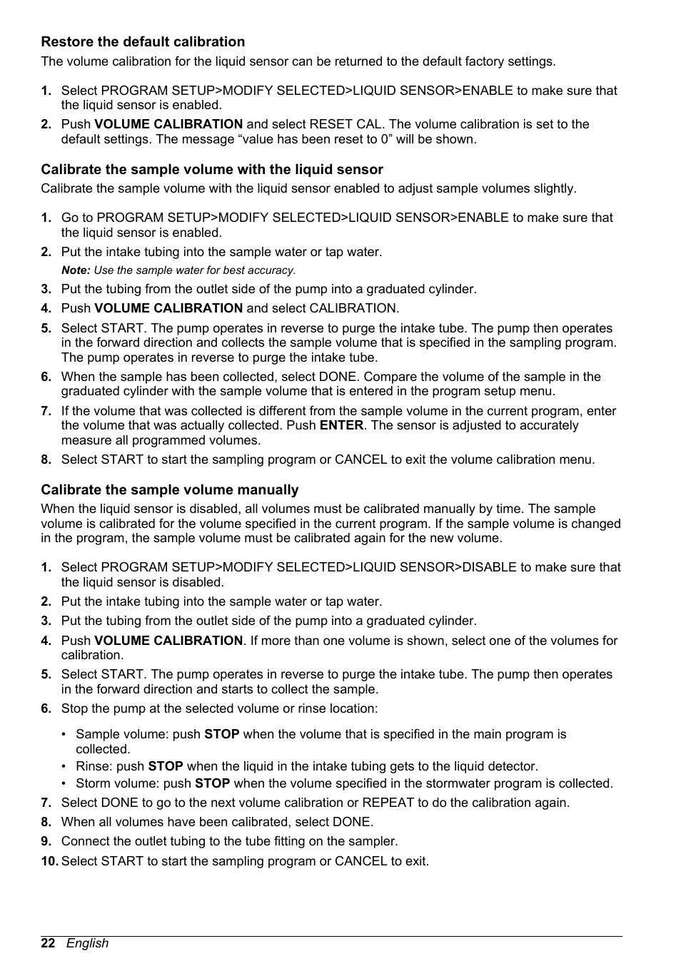 Restore the default calibration, Calibrate the sample volume with the liquid sensor, Calibrate the sample volume manually | Sample volume manually. refer to | Hach-Lange SD900 Basic User Manual User Manual | Page 22 / 390