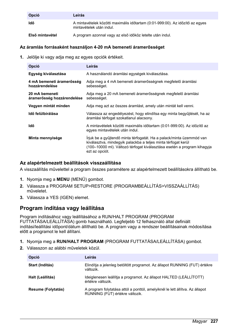 Az alapértelmezett beállítások visszaállítása, Program indítása vagy leállítása, 20 ma bemeneti áram, lásd | Az áramlás forrásaként használjon 4-20 ma bemeneti, Áramerősséget, 227 oldalon | Hach-Lange SD900 Basic User Manual User Manual | Page 227 / 390