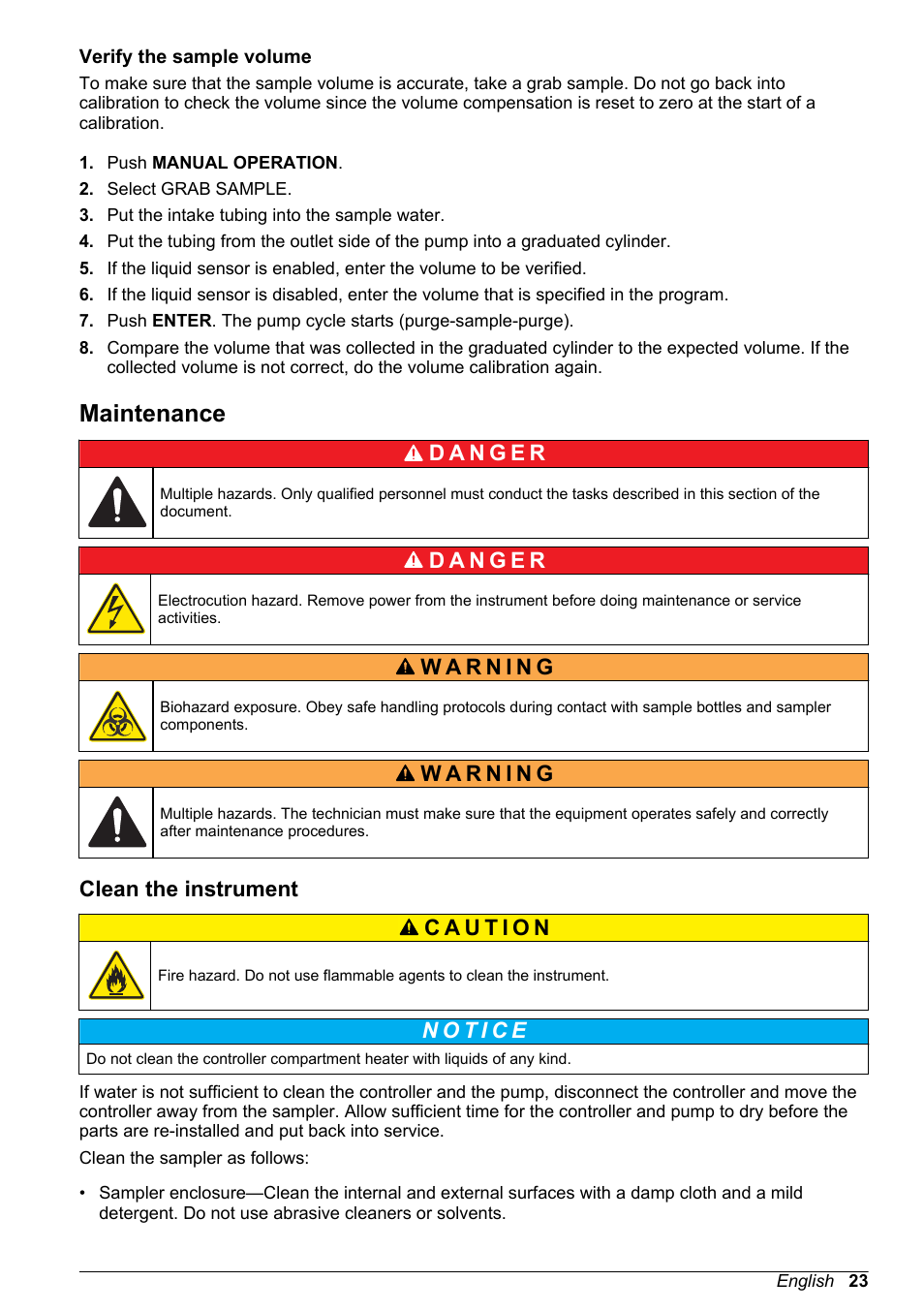 Verify the sample volume, Maintenance, Clean the instrument | Hach-Lange SD900 Basic User Manual User Manual | Page 23 / 390