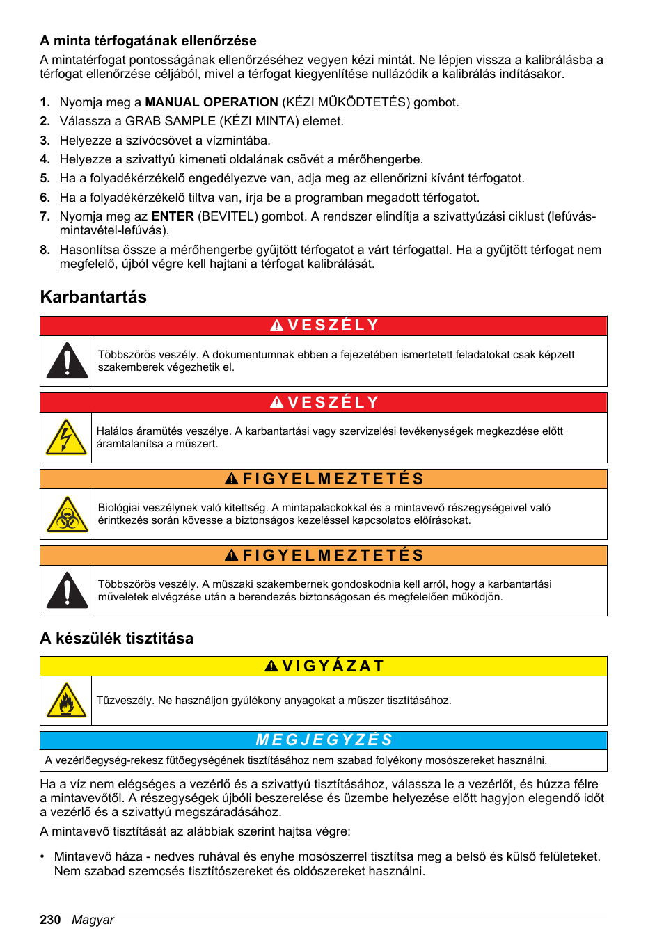 A minta térfogatának ellenőrzése, Karbantartás, A készülék tisztítása | Hach-Lange SD900 Basic User Manual User Manual | Page 230 / 390
