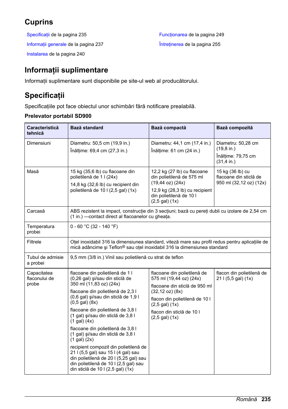 Manual de utilizare de bază, Cuprins, Informaţii suplimentare | Specificaţii, Română | Hach-Lange SD900 Basic User Manual User Manual | Page 235 / 390