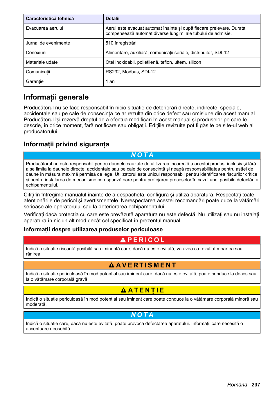 Informaţii generale, Informaţii privind siguranţa, N o t ã | Hach-Lange SD900 Basic User Manual User Manual | Page 237 / 390
