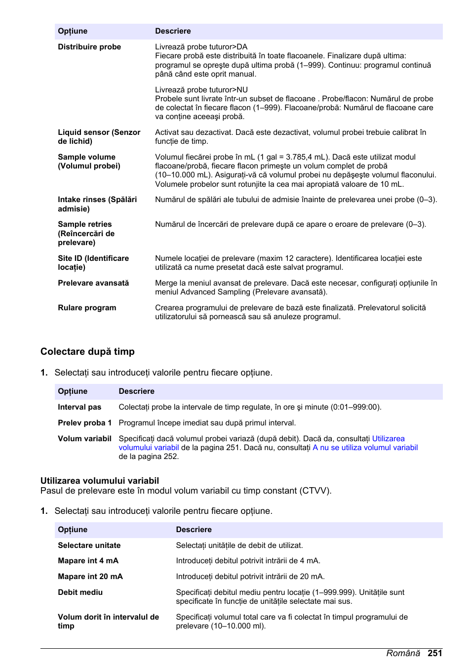 Colectare după timp, Utilizarea volumului variabil, După timp—consultaţi | Hach-Lange SD900 Basic User Manual User Manual | Page 251 / 390