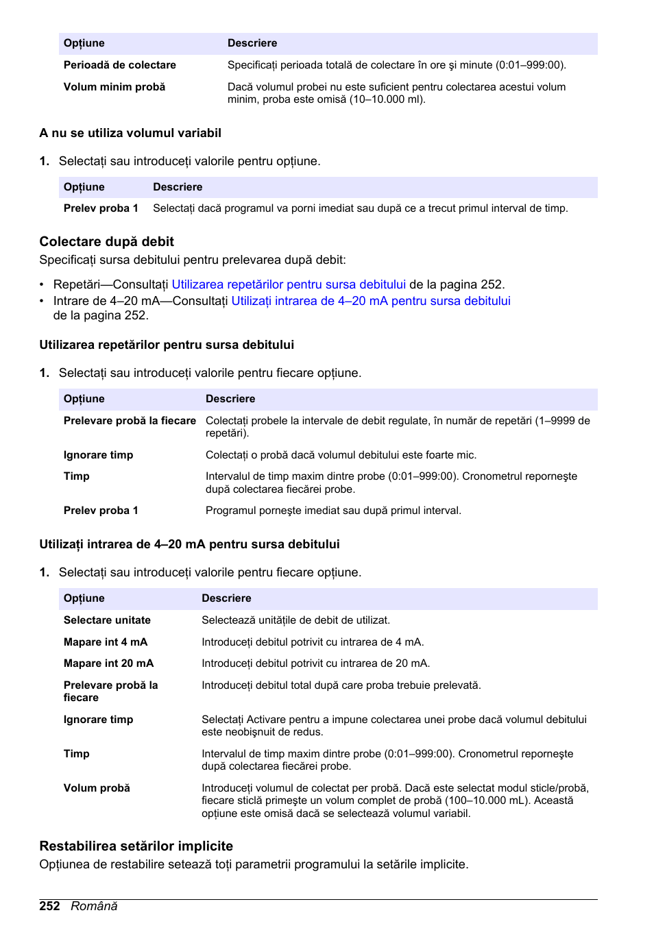 A nu se utiliza volumul variabil, Colectare după debit, Utilizarea repetărilor pentru sursa debitului | Restabilirea setărilor implicite, După debit—consultaţi | Hach-Lange SD900 Basic User Manual User Manual | Page 252 / 390