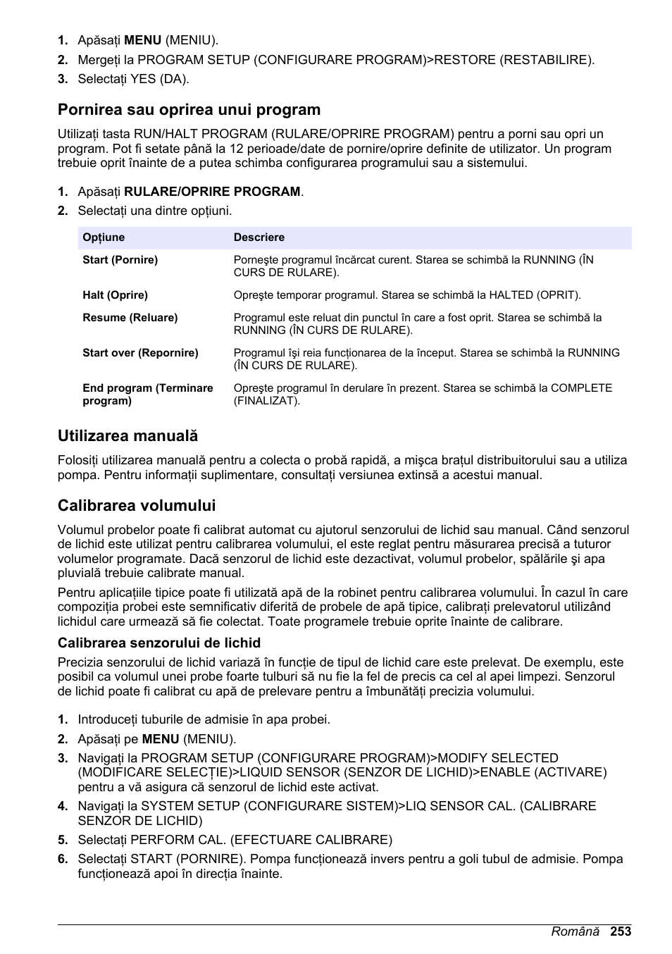 Pornirea sau oprirea unui program, Utilizarea manuală, Calibrarea volumului | Calibrarea senzorului de lichid | Hach-Lange SD900 Basic User Manual User Manual | Page 253 / 390