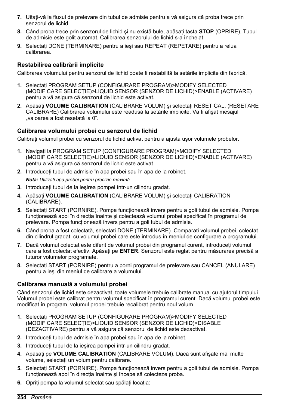 Restabilirea calibrării implicite, Calibrarea volumului probei cu senzorul de lichid, Calibrarea manuală a volumului probei | Hach-Lange SD900 Basic User Manual User Manual | Page 254 / 390