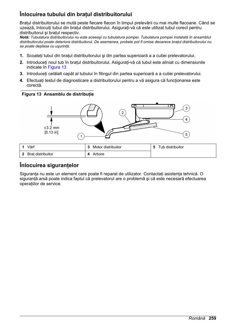 Înlocuirea tubului din braţul distribuitorului, Înlocuirea siguranţelor | Hach-Lange SD900 Basic User Manual User Manual | Page 259 / 390