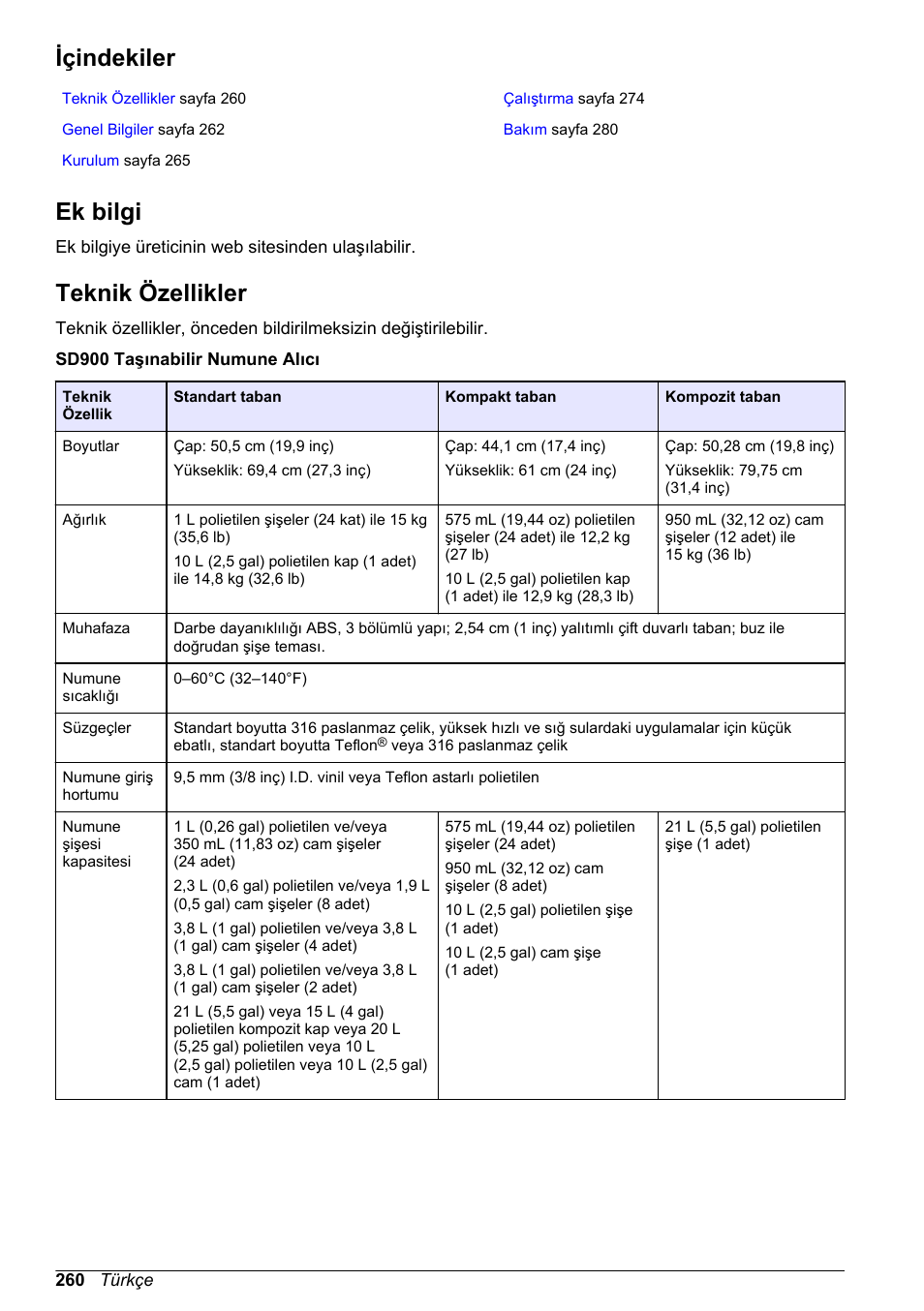 Temel kullanım kılavuzu, Içindekiler, Ek bilgi | Teknik özellikler, Türkçe | Hach-Lange SD900 Basic User Manual User Manual | Page 260 / 390