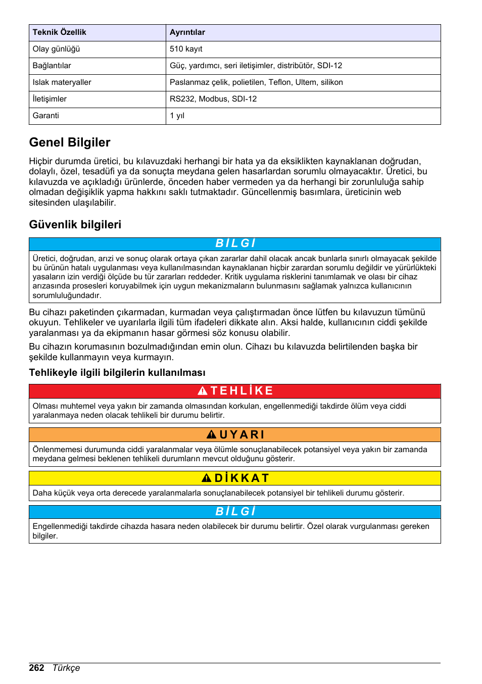 Genel bilgiler, Güvenlik bilgileri, Tehlikeyle ilgili bilgilerin kullanılması | Sayfa 262 | Hach-Lange SD900 Basic User Manual User Manual | Page 262 / 390