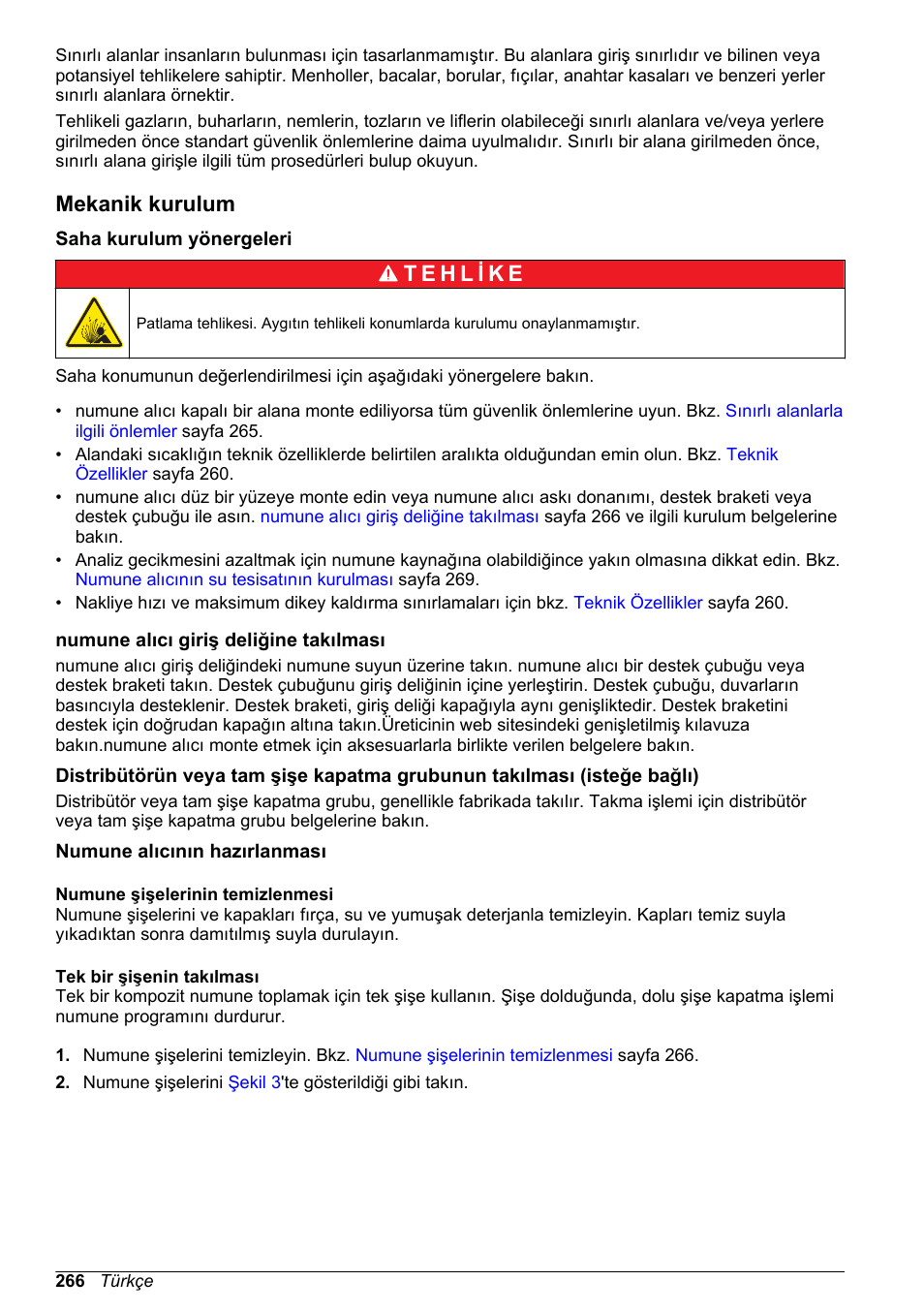 Mekanik kurulum, Saha kurulum yönergeleri, Numune alıcı giriş deliğine takılması | Numune alıcının hazırlanması, Numune şişelerinin temizlenmesi, Tek bir şişenin takılması | Hach-Lange SD900 Basic User Manual User Manual | Page 266 / 390