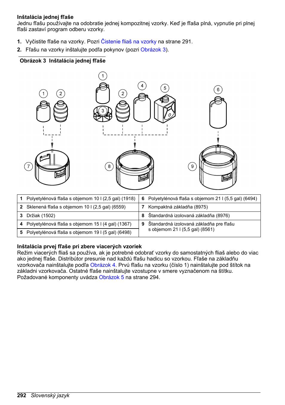 Inštalácia jednej fľaše, Inštalácia prvej fľaše pri zbere viacerých vzoriek | Hach-Lange SD900 Basic User Manual User Manual | Page 292 / 390