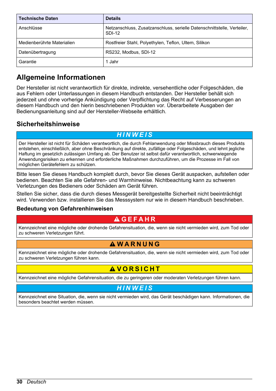 Allgemeine informationen, Sicherheitshinweise, Bedeutung von gefahrenhinweisen | Hach-Lange SD900 Basic User Manual User Manual | Page 30 / 390