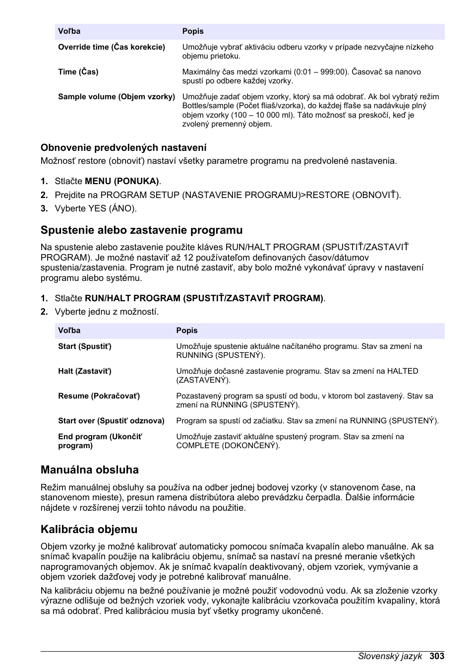 Obnovenie predvolených nastavení, Spustenie alebo zastavenie programu, Manuálna obsluha | Kalibrácia objemu | Hach-Lange SD900 Basic User Manual User Manual | Page 303 / 390