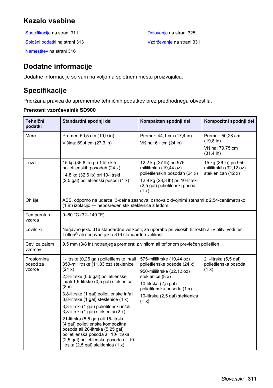 Osnovni uporabniški priročnik, Kazalo vsebine, Dodatne informacije | Specifikacije, Slovenski | Hach-Lange SD900 Basic User Manual User Manual | Page 311 / 390