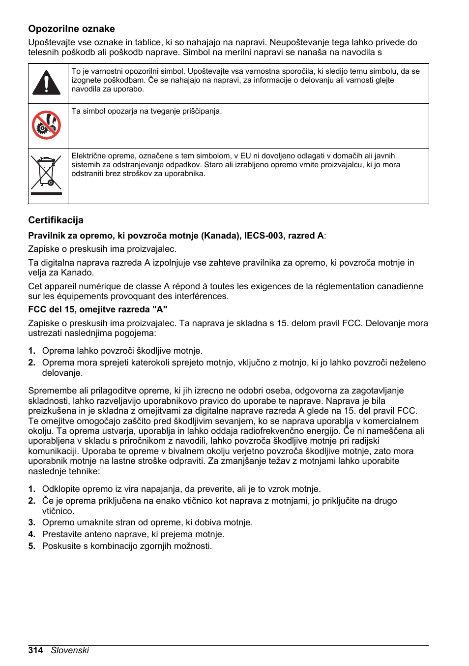 Opozorilne oznake, Certifikacija | Hach-Lange SD900 Basic User Manual User Manual | Page 314 / 390