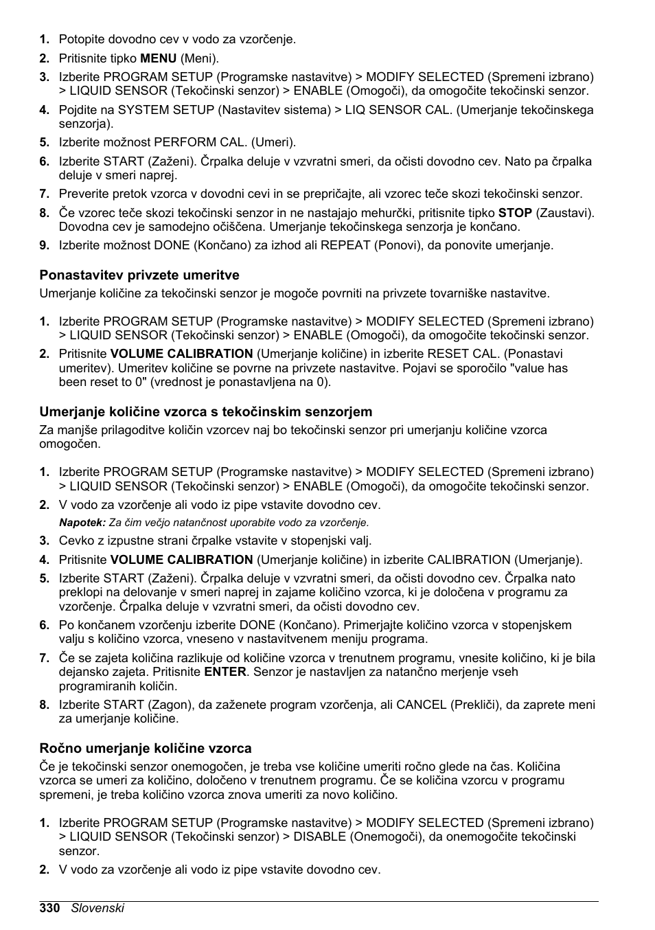 Ponastavitev privzete umeritve, Umerjanje količine vzorca s tekočinskim senzorjem, Ročno umerjanje količine vzorca | Hach-Lange SD900 Basic User Manual User Manual | Page 330 / 390