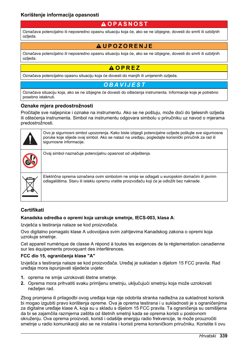 Korištenje informacija opasnosti, Oznake mjera predostrožnosti, Certifikati | Hach-Lange SD900 Basic User Manual User Manual | Page 339 / 390